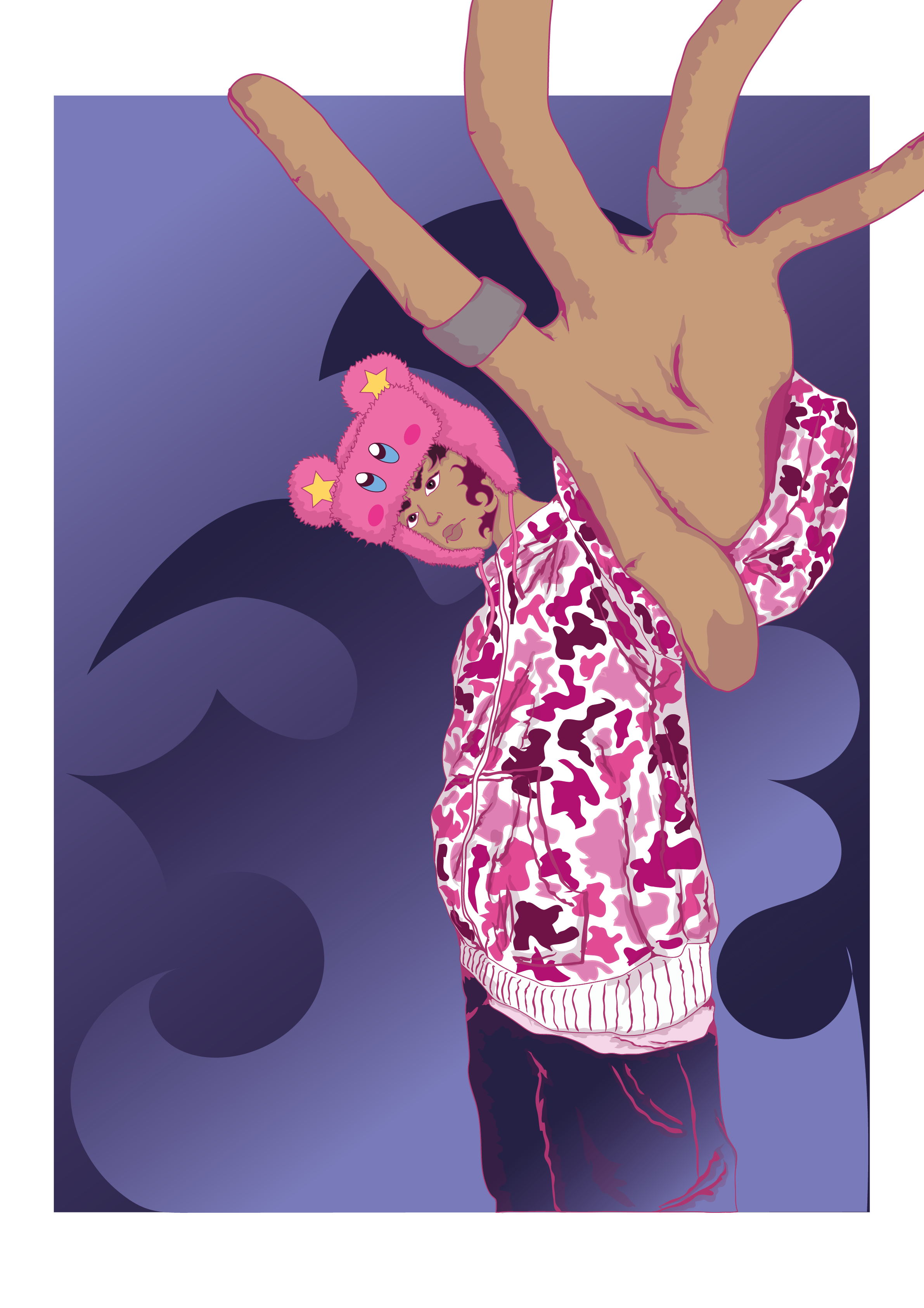 Illustrated figure of a person crouching on outdoor stairs. They are dressed in an oversized dark jacket, blue jeans, and a hooded hat. The real-life stair photo blends with the comic-style drawn character in the foreground.