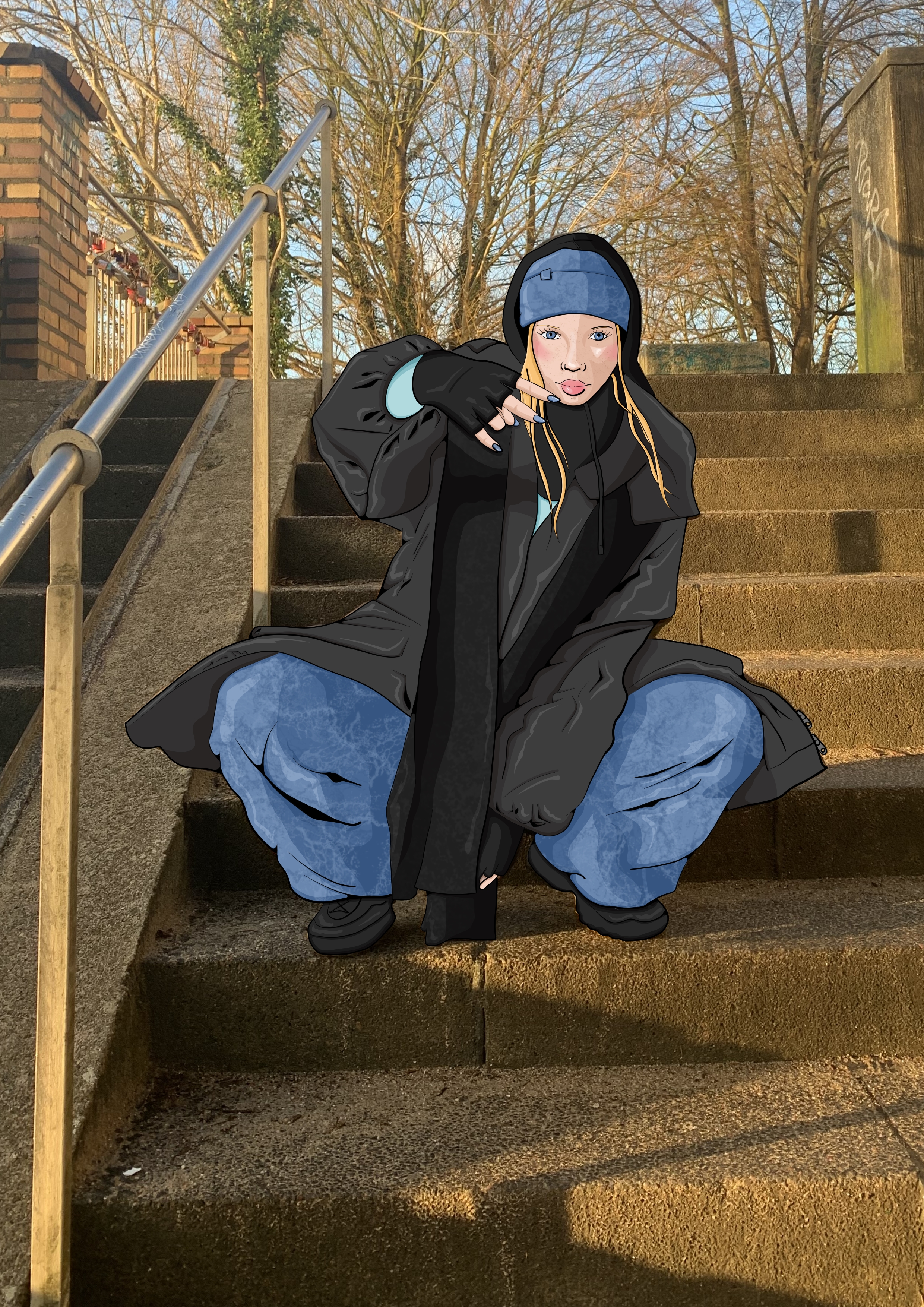 Stylized illustration of a young woman squatting on stairs, wearing baggy streetwear and a beanie. Mixed media artwork combining real background and digital figure. One of the favorite projects—hover activates color, click opens details.